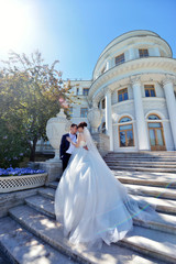 Obraz premium Wedding couple on the nature is hugging each other. Beautiful model girl in white dress. Man in suit. Beauty bride with groom. Female and male portrait. Woman with lace veil. Lady and guy outdoors