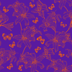 Fototapeta na wymiar Seamless floral pattern in oriental style with lilies flowers and butterflies. Hand painted. Raster illustration.