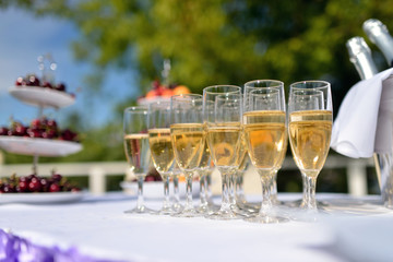 Beautiful wedding slide champagne for bride and groom indoors. Colorful glasses for alcohol with berries. Beauty of bridal interior for marriage. Bright bar for celebration
