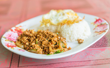 Thai spicy food basil pork fried rice recipe (Phat Kra Pow Moo)