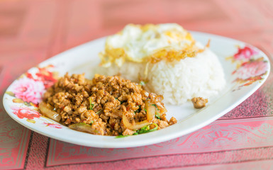 Thai spicy food basil pork fried rice recipe (Phat Kra Pow Moo)