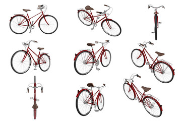 Obraz premium Set classic bikes vinous chrome luggage and leather classic saddle. 3D graphic