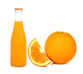 Orange juice glass bottle and oranges. Isolated on white backgro