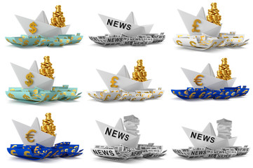 Set paper boat isolated on white background. 3D Graphic