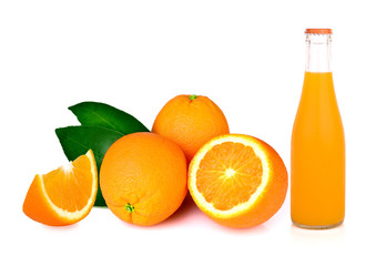 Orange fruit with leaf and bottle isolated on white background