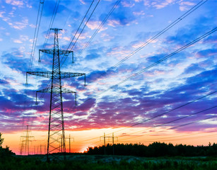 Background of the high-voltage tower in the sunset