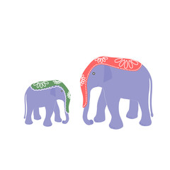 Large and small elephants. bright colored cape decoration. Flat. vector illustration.