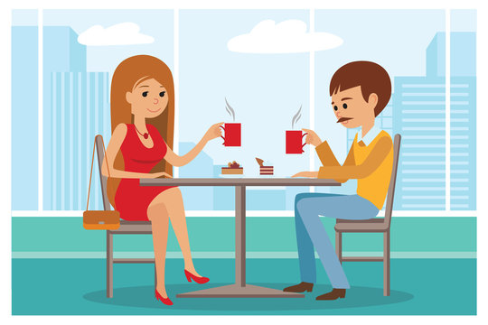 Couple in cafe - Vector Illustration with city landscape on window. People sitting at table lunch talk and drinking coffee.