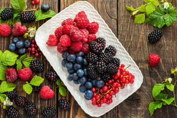 Raspberries,Blackberries,Blueberries and Currant on a Plate