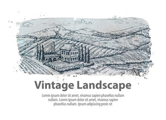Farm, farming. Hand-drawn sketch rural landscape. Vineyard vector illustration