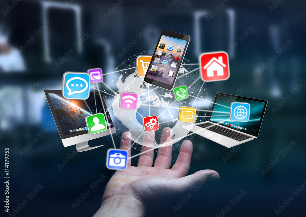 Poster tech devices and icons connected to digital planet earth