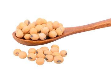 soy beans in wooden spoon on white background