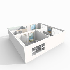 3d interior rendering perspective view of roofless furnished home apartment: room, bathroom, bedroom, kitchen, living-room, hall, entrance, door, window, 