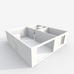 3d interior rendering perspective view of empty paper model home apartment: room, bathroom, bedroom, kitchen, living-room, hall, entrance, door, window, 