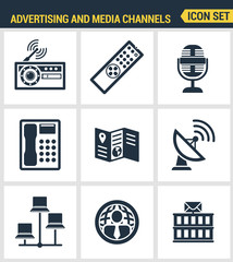Icons set premium quality of advertising media channels and ads distribution. Modern pictogram collection flat design style. Isolated white background