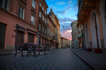 Morning streets of Lviv city.