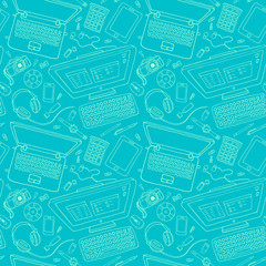 Vector seamless stationery pattern with computer, laptop, camera.
