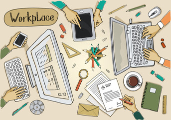Concept of creative hand drawn office workspace. Oobjects and equipment for workplace design.