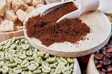 Coffee and coffee ingredients in wooden barrels