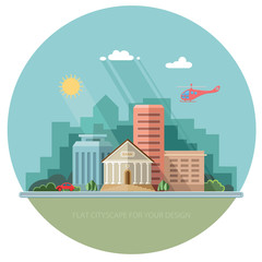 Bank building on the background of the city. Flat style vector i