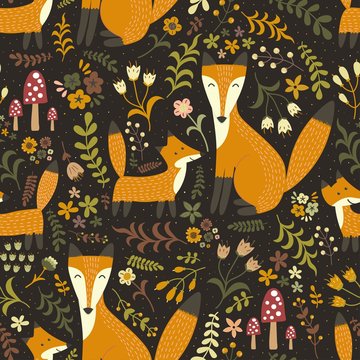 Adorable seamless pattern with cute foxes - Mother fox and her baby