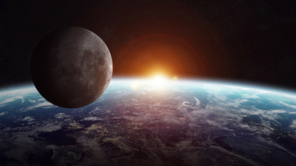 View of the moon close to planet Earth in space © sdecoret