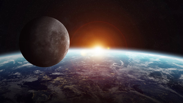 View of the moon close to planet Earth in space