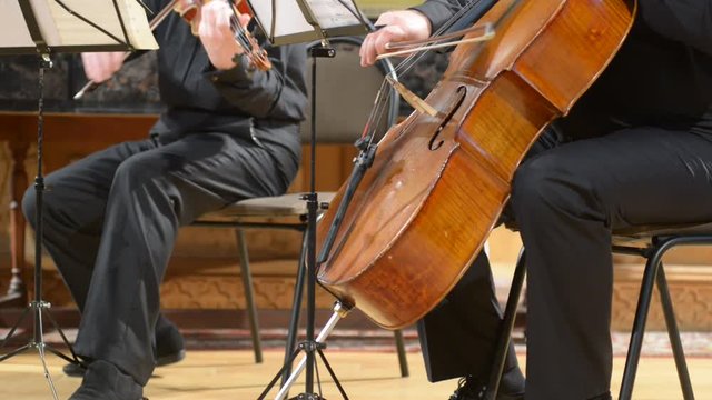 Cellist playing cello, blurred defocused background