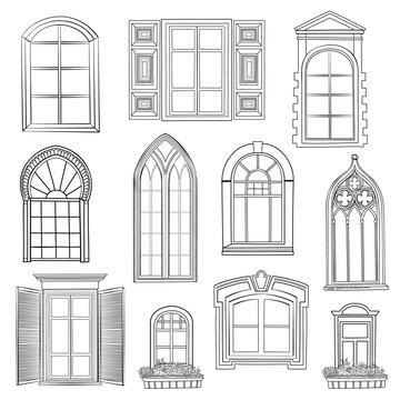 Window set. Windows of different style sketch architecturall collection