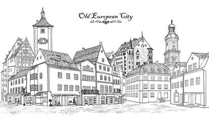 Street with old buildings and cafe in old city.  Old city view. Travel Germany background