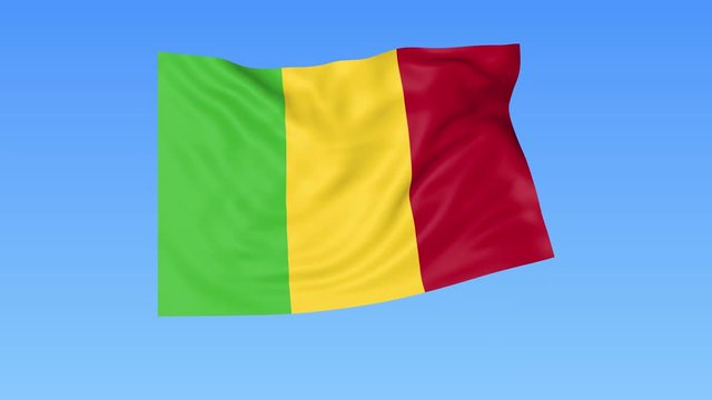 Waving flag of Mali, seamless loop. Exact size, blue background. Part of all countries set. 4K ProRes with alpha.