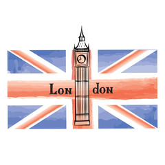 Fototapeta na wymiar Grunge UK flag with London famous tower and handwritten lettering. Travel Great Britain background with painted UK flag. English landmark Big Ben