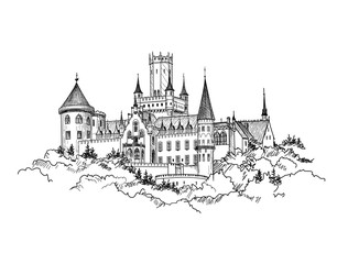 Famous German Castle Landscape. Travel Germany Background. Castle building on the hill skyline etching © Terriana