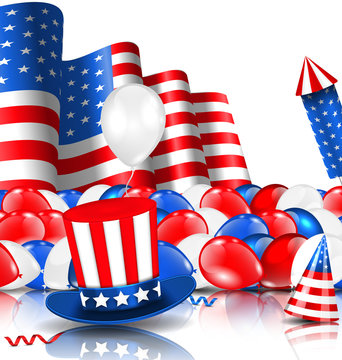 American Background with Balloons, Party Hats, Firework Rocket, Flag and Confetti