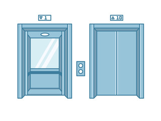 Open and closed line flat office building elevator doors. © shendart