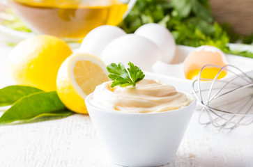 Fresh homemade Mayonnaise and ingredients on white background
