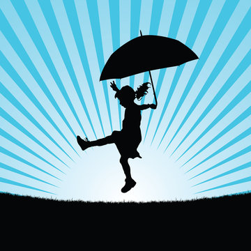 child with umbrella in nature silhouette illustration