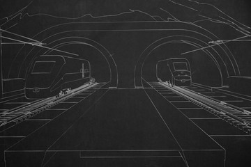 Intercityzüge kommen aus zwei Tunnel. Kalligrafiert in weiss auf schwarz.
