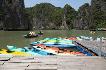 Colorful kayaks on the sea in Ha long bay Vietnam
