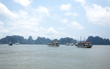 Sea landscape with Tourist boat in Halong Bay Vietnam