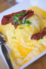rice wrapped inside the omelette topping with roasted pork