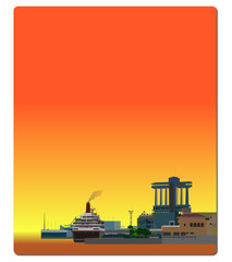 夕焼け　港　客船