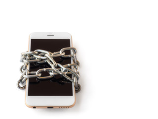 Modern mobile phone with chain locked isolate on white background with copy space and clipping...