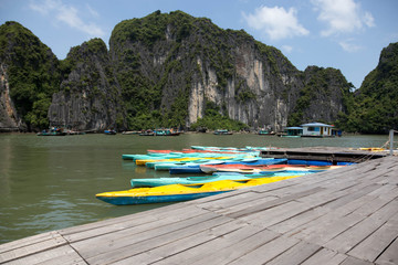 Colorful kayaks on the sea in Ha long bay Vietnam