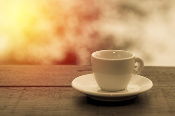 Hot coffee in garden. VIntage filter