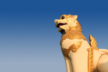 Myanmar lion statue. Singh statue in a temple in myanmay. Lion buddhist temple in Myanmar.