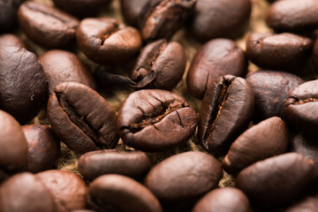 Roasted coffee bean on sackcloth