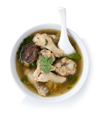 Traditional chicken broth on white background. top view