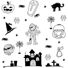 Halloween zombie castle tomb cat in doodle