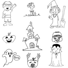 Ghost and pumpkins in doodle Halloween
